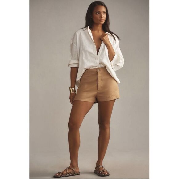 NEW Anthropologie Maeve Ettie Beige High Rise Slim Pitched Linen Shorts Size 32 - Picture 1 of 4